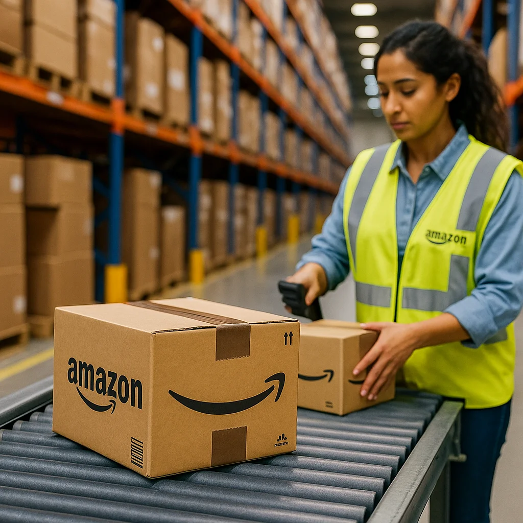 Сотрудница Amazon сортирует посылки на складе – FBA-доставка из Китая.