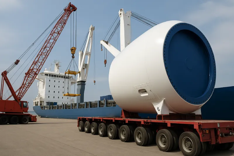 Heavy haul trailer transporting oversized wind turbine nacelle at port with cranes and cargo ship