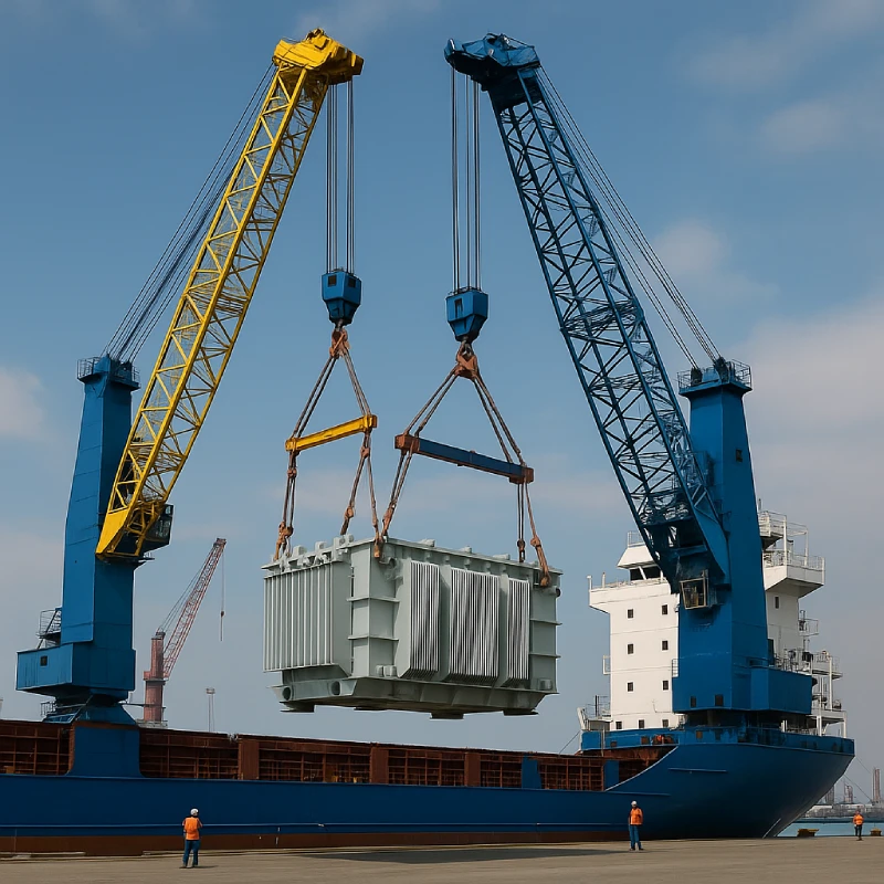 Two heavy cranes performing synchronized lifting of a large industrial transformer onto a blue cargo vessel at port terminal, supervised by workers under clear sky