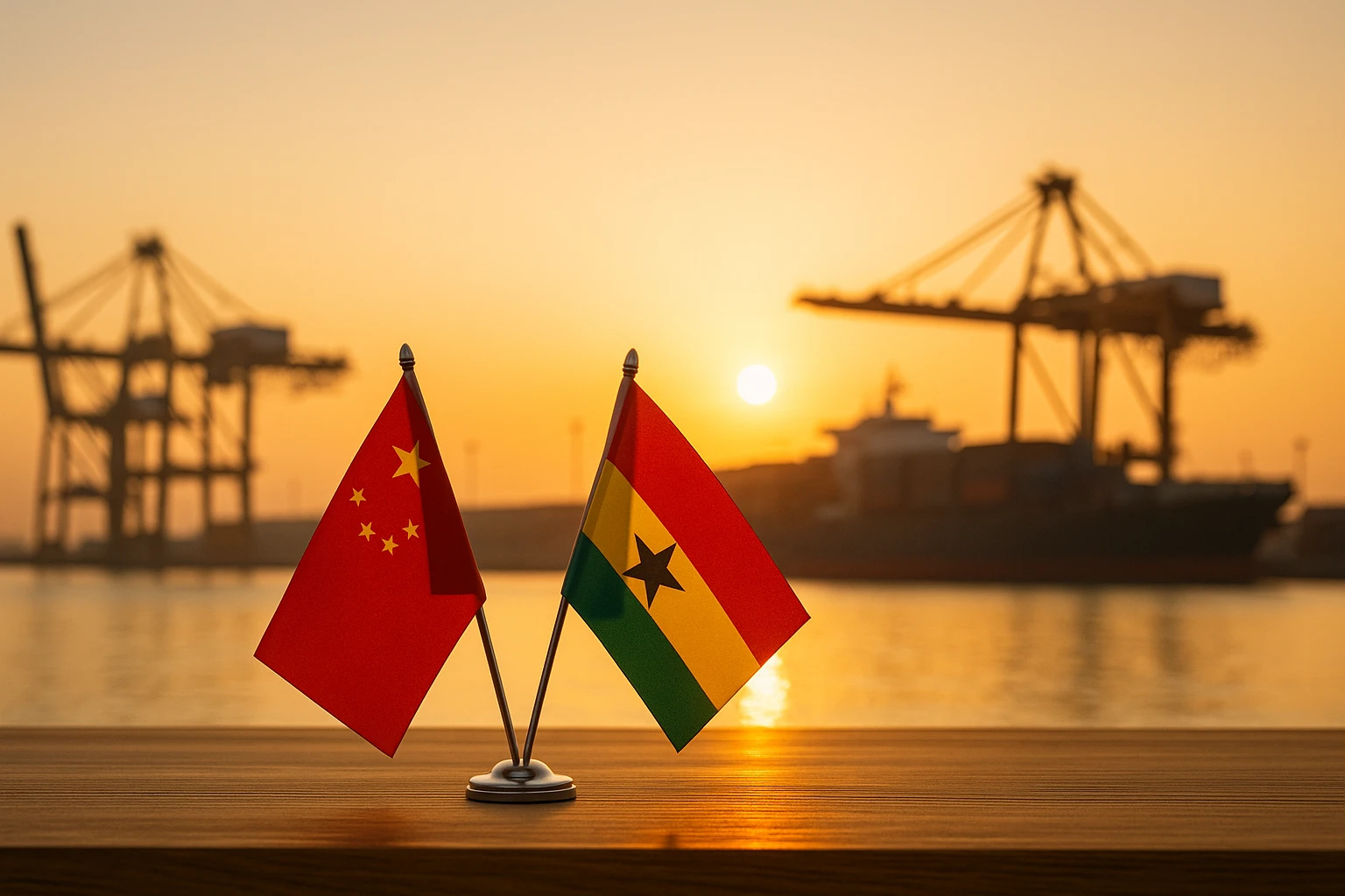 Chinese and Ghanaian flags placed low on wooden surface with cargo port cranes and ship at sunrise, symbolizing trade partnership between China and Ghana
