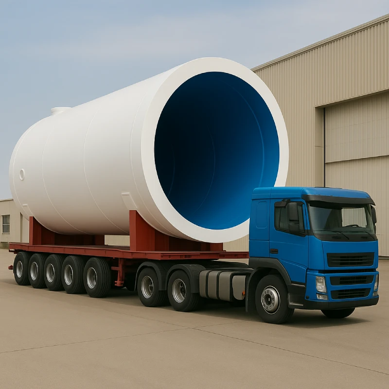 Blue truck with connected red flatbed trailer transporting large cylindrical equipment outside industrial warehouse under daylight.
