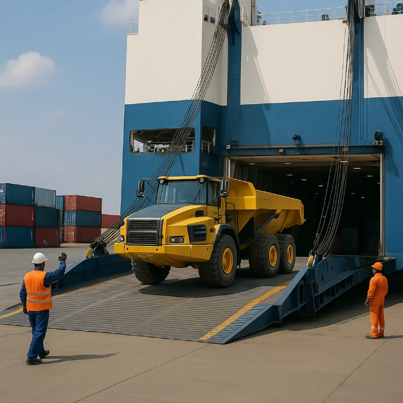 Yellow construction truck driving up the ramp of a Ro-Ro cargo vessel under dock crew supervision at a maritime port terminal