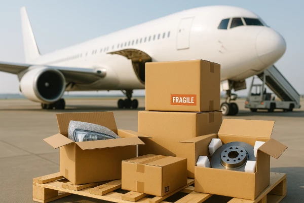 Auto parts packed on pallet for air freight near cargo aircraft
