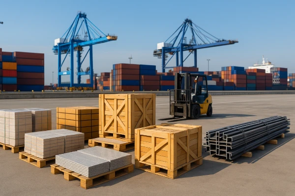 Building materials on pallets and wooden crates being prepared for international shipment at a modern China port with containers, cranes, and a forklift in the background.