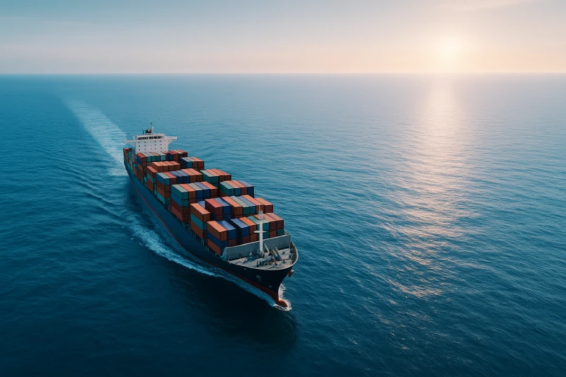 Aerial view of a large cargo ship sailing on open ocean under bright daylight, symbolizing global shipping routes.