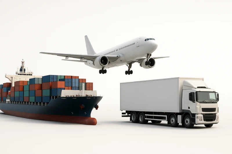 Cargo ship, cargo airplane, and delivery truck arranged horizontally on a light background representing multiple transport modes