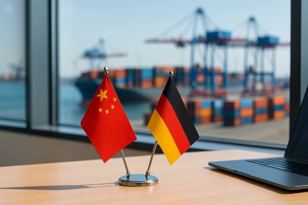 China and Germany flags on an office desk with a seaport visible through the window
