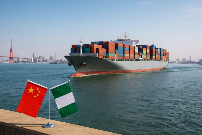 Large container ship departing Shanghai Port under bright daylight with subtle China and Nigeria flags, representing international trade connection.