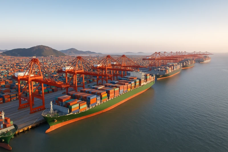 Aerial view of Shanghai Yangshan Deep-Water Port under morning light with large container ships, cranes, and colorful containers.