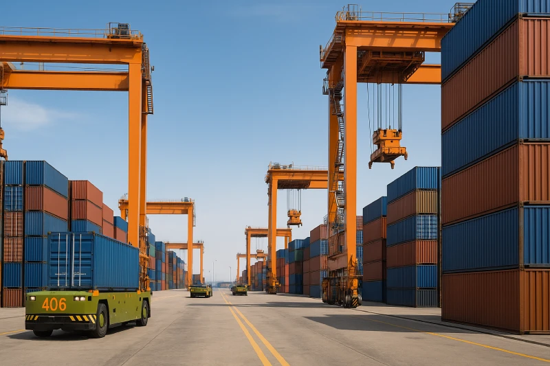 Modern automated port terminal in China with cranes, AGV trucks, and stacked containers under bright daylight.