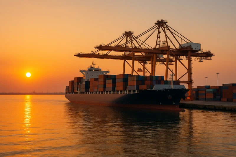 Container port in operation showing sea freight shipment from China to Egypt under golden sunset.