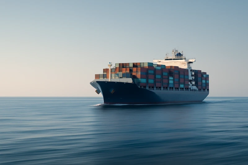 Container ship sailing across calm sea symbolizing shipping time and transit process from China to Egypt — Winsail Logistics.