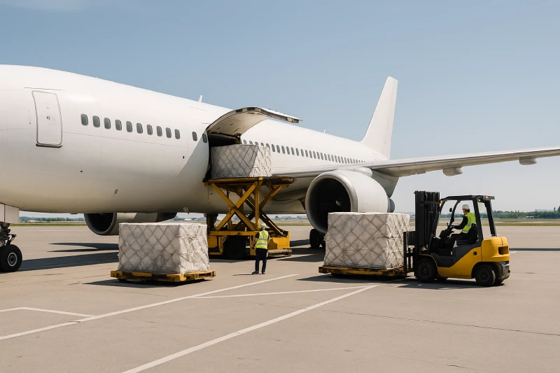 Cargo being loaded into a large air freighter at a modern airport in China