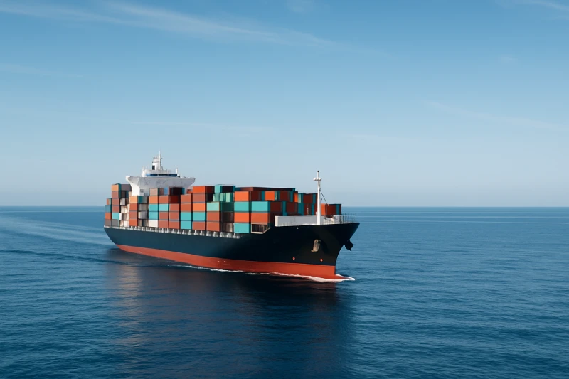 Container ship sailing across the Pacific Ocean from China to the United States