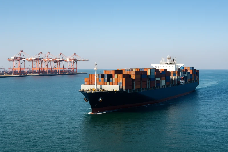 Large container ship leaving Shanghai Port under bright daylight, symbolizing China–USA shipping route
