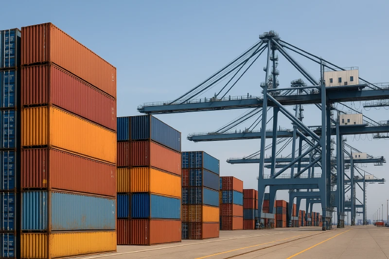 Modern container port with stacked containers and quay cranes under bright daylight, clean sea freight logistics scene