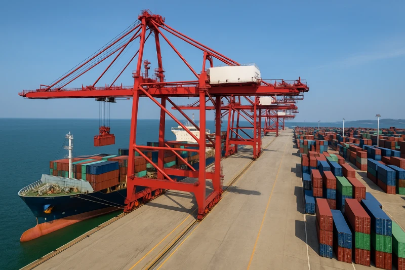 Container cranes loading a vessel at a modern deep-water terminal under clear daylight
