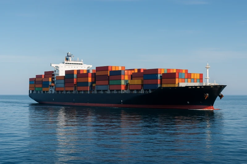 Large container ship sailing on a calm blue sea under bright daylight, showing a clean and professional logistics scene.