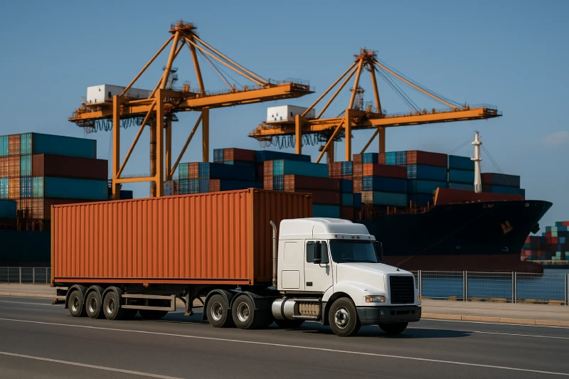 Container truck driving near a modern port with cranes and stacked containers visible in the background under bright daylight.