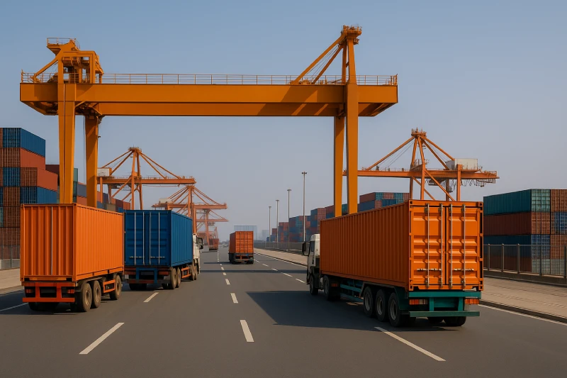 Container trucks driving on a wide road inside a modern port with gantry cranes and container stacks.