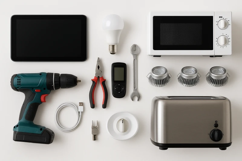 Flat-lay photo of mixed export goods including electronics, small appliances, tools, and lighting components