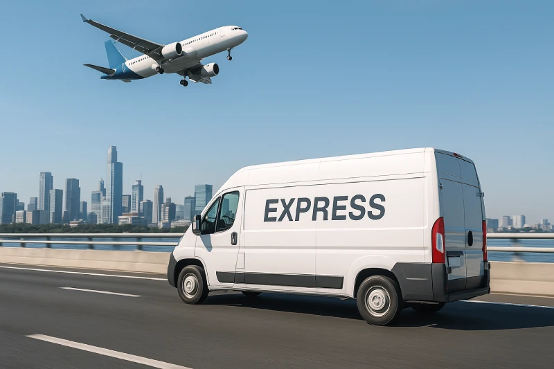 Express delivery van driving on modern highway with airplane flying overhead, symbolizing fast China–Nigeria courier shipping.