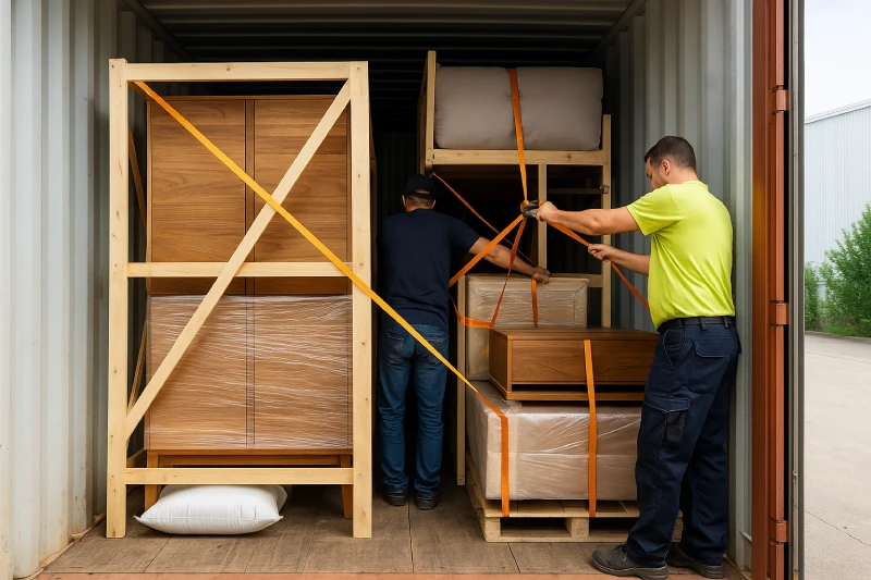 workers securing wooden furniture with straps inside a shipping container, wooden frames and air bags visible, bright daylight, professional loading scene