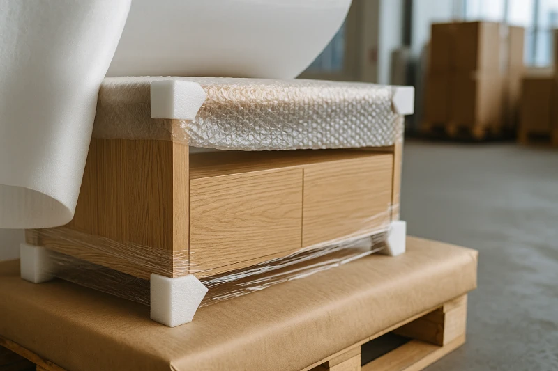 close-up view of wooden furniture wrapped with foam padding, bubble wrap and corner protectors in a clean warehouse, bright soft daylight