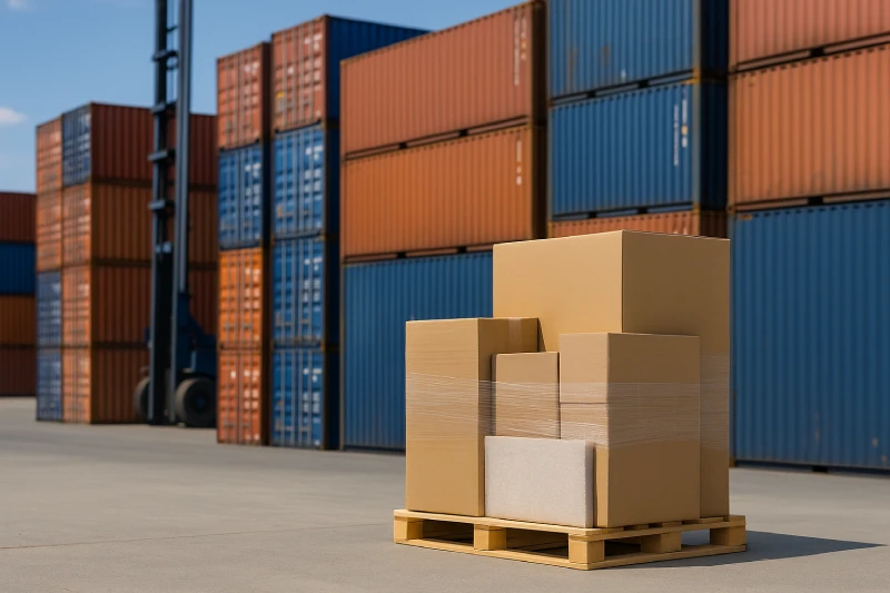 pallet of boxed furniture in the foreground with stacked shipping containers at a modern port, bright clear daylight