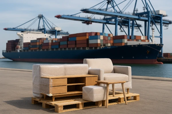 pallet of wrapped wooden and upholstered furniture positioned at a modern China port with a container ship and cranes in the background, ready for international shipping