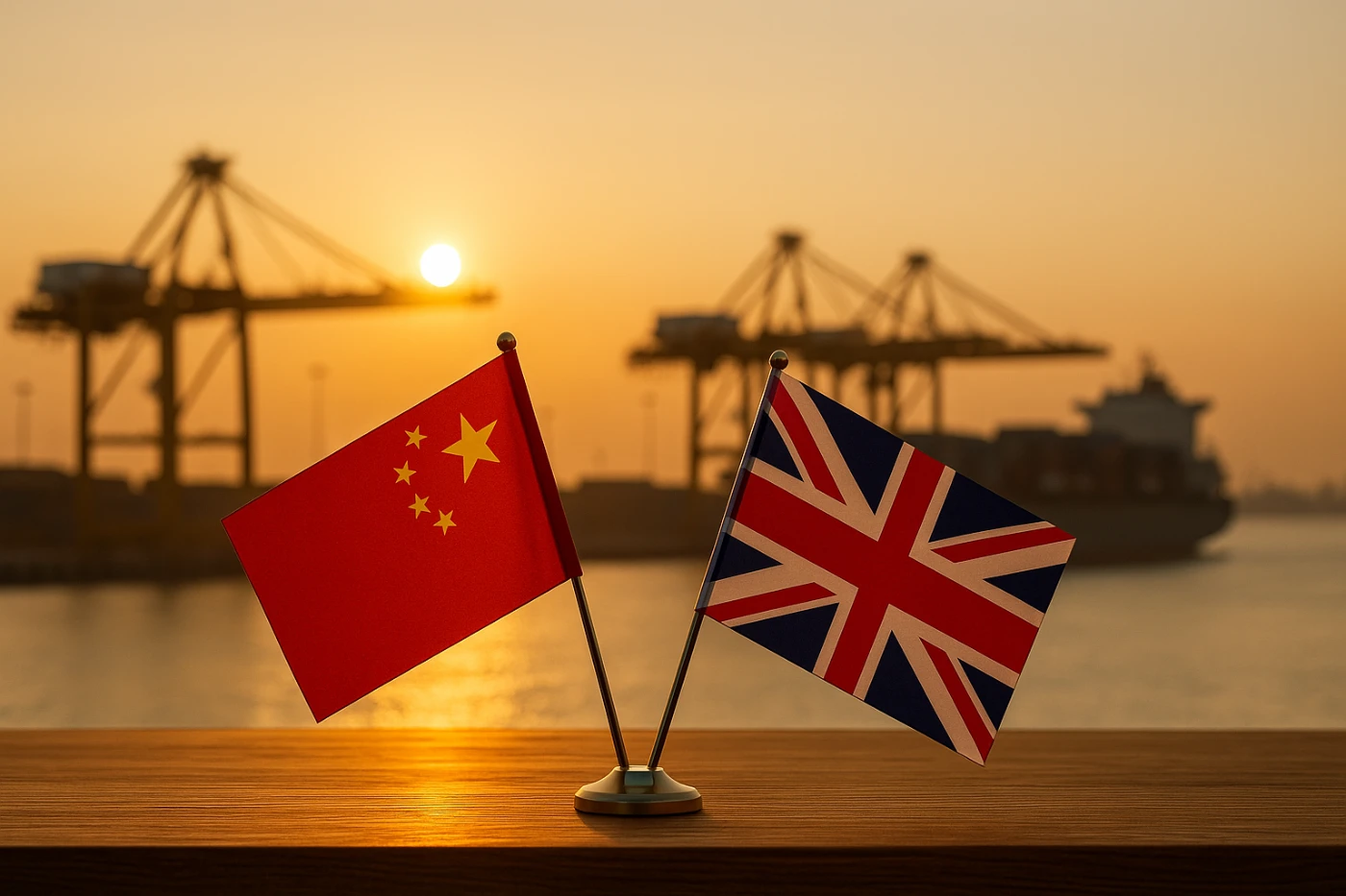 Chinese and British flags placed low on wooden surface with cargo port cranes and ship at sunrise, symbolizing trade cooperation between China and the United Kingdom