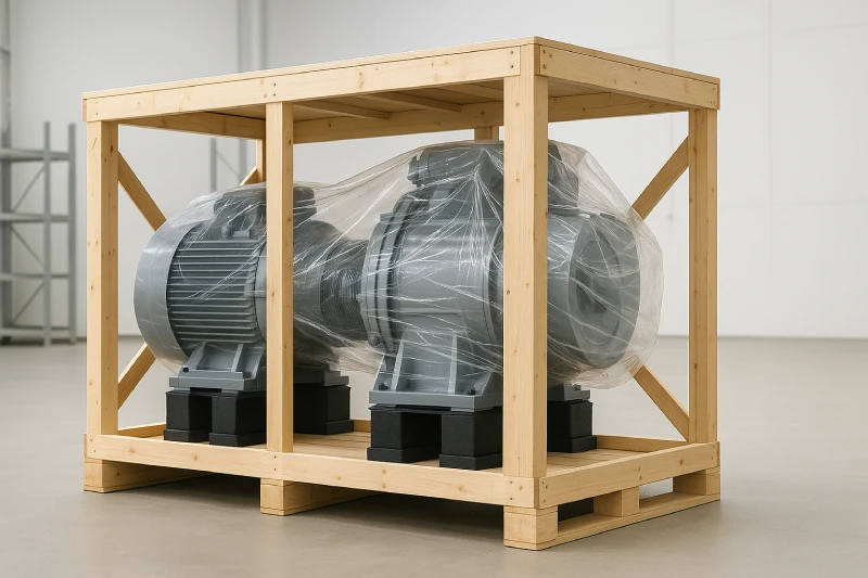 Large industrial machine packed in a reinforced wooden crate with protective wrapping inside a bright warehouse