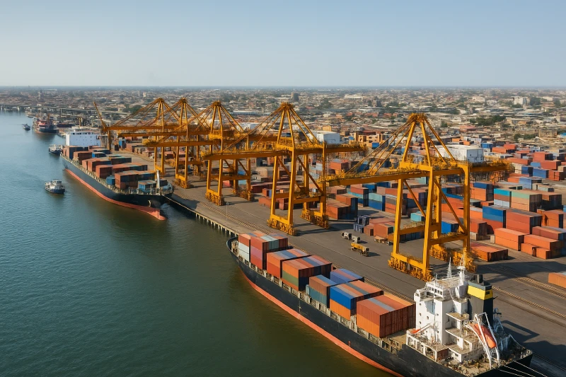 Aerial view of Lagos Apapa Port with container cranes, vessels, and stacked colorful containers under bright daylight, representing Nigeria’s main import gateway.