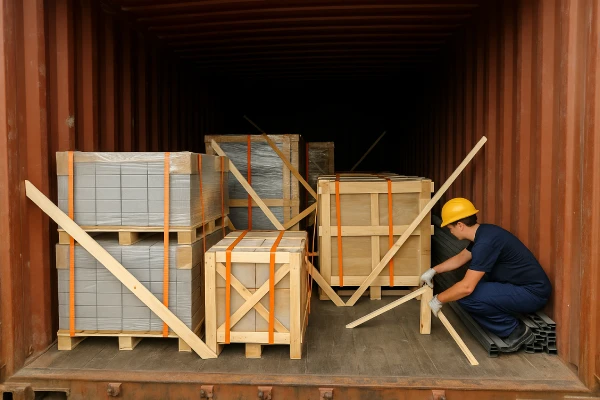 Workers loading building materials into a shipping container, including strapped wooden crates, palletized tiles, and steel profiles, with blocking and bracing for safe transport.