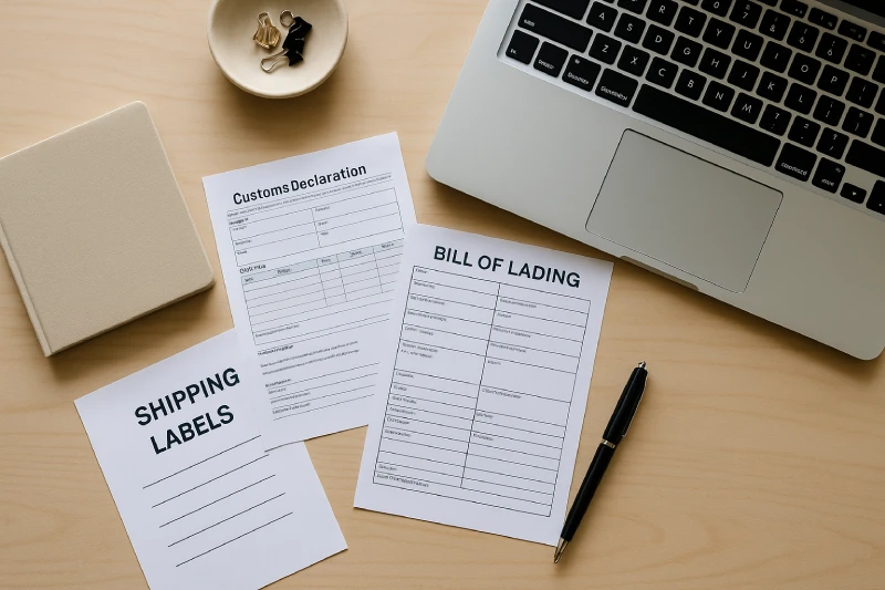 Office desk with shipping documents and laptop, symbolizing logistics planning for China to UK shipments.