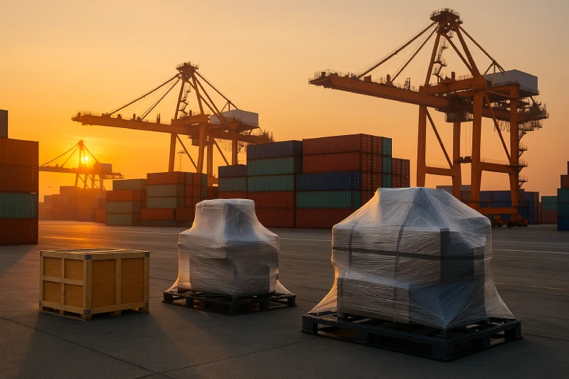 Industrial machines wrapped and crated at a container port during sunrise with cranes and stacked containers