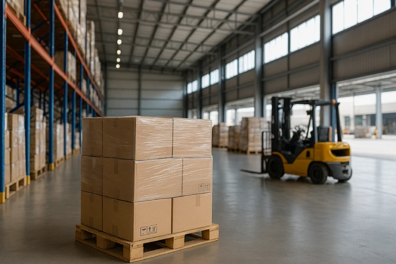 Modern warehouse with palletized cargo and a forklift in the background under bright daylight, showing a clean logistics environment.