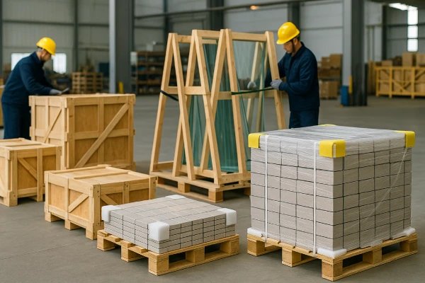 Workers packing building materials in a warehouse, including reinforced wooden crates, A-frames for glass, and palletized tiles with protective foam, under bright daylight.