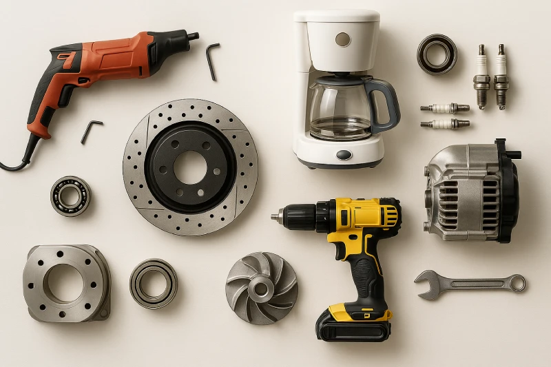 Flat-lay photo of mixed export goods including machinery parts, tools, auto components, and small appliances on a clean white background.
