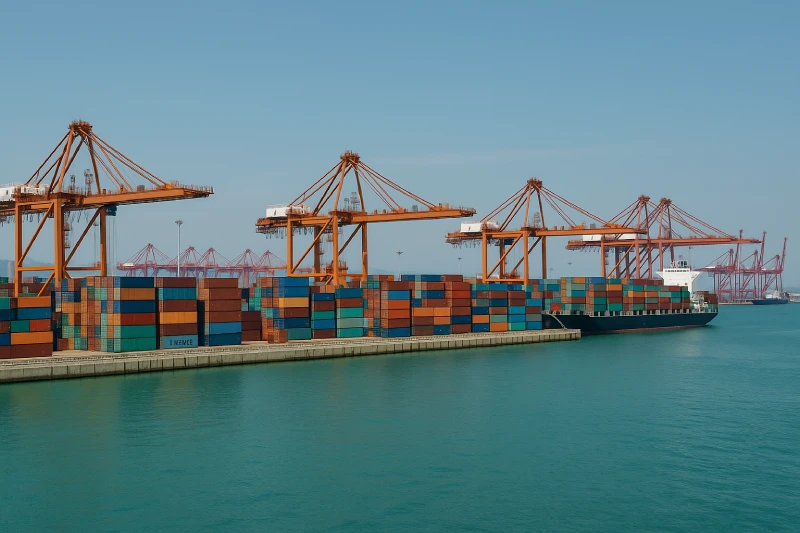 Panoramic view of Qingdao Port container terminals with cranes and stacked containers under clear daylight.