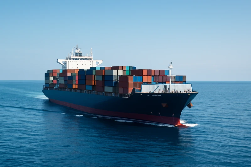 Large container ship sailing on calm blue sea under clear daylight sky, representing China to Nigeria sea freight transit.
