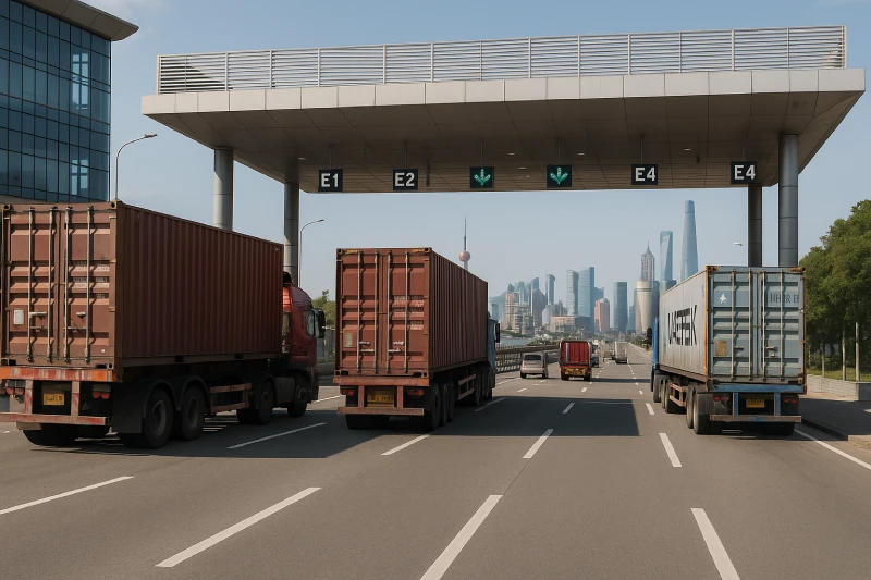 Container trucks departing a Shanghai terminal with the city skyline in the background