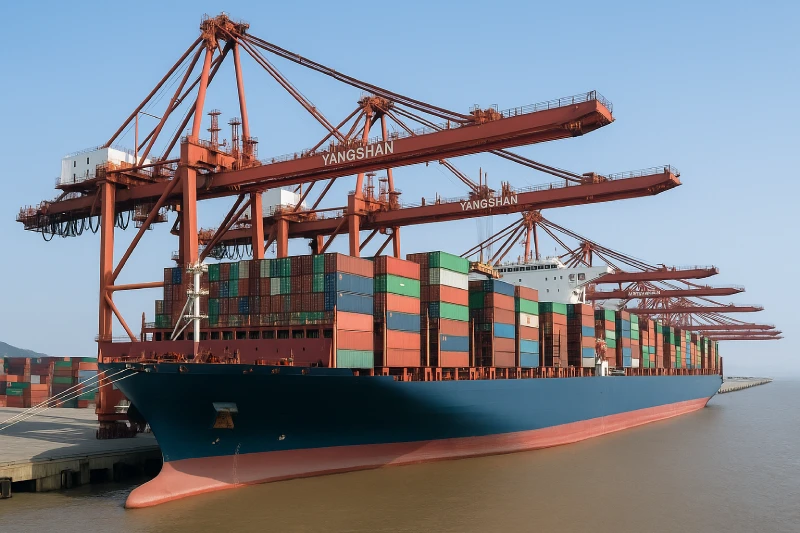 Automated container cranes handling an ultra-large vessel at Yangshan terminal