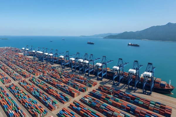 Shenzhen Port (Yantian) panoramic aerial view with container terminals and quay cranes.