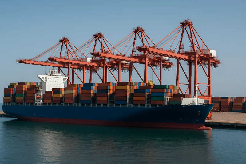 Quay cranes loading a large container ship at Shenzhen Yantian Terminal.