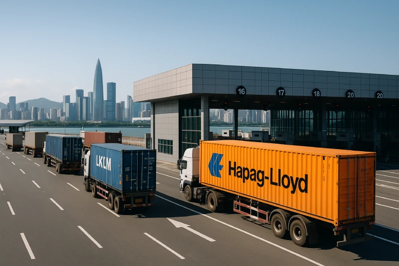 Container trucks leaving a Shenzhen terminal gate with the city skyline in the background.
