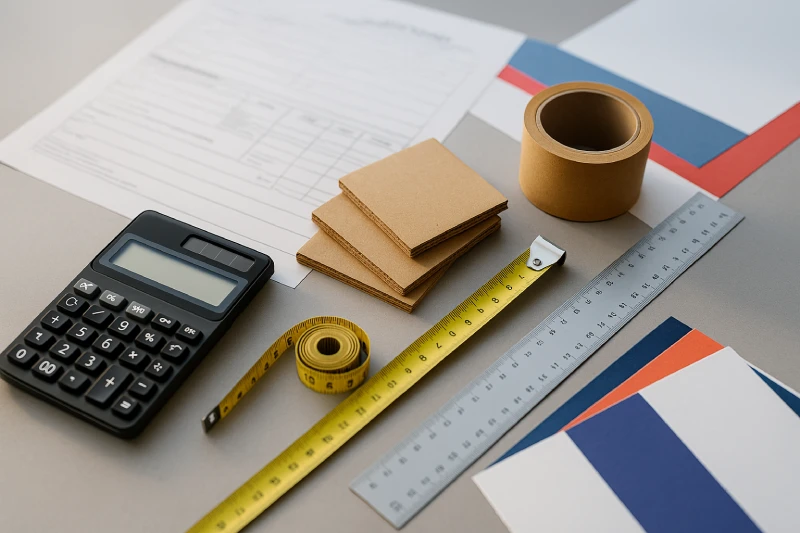 Top-down view of shipping cost calculation items on a modern office desk, including calculator, cardboard samples, tape and ruler, bright daylight, logistics cost concept