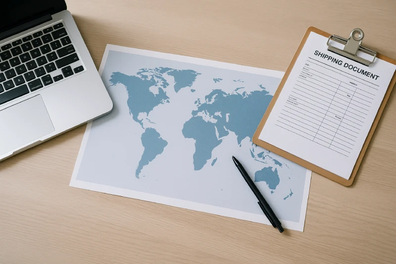 Top-down view of a desk with a world map, laptop, and shipping documents