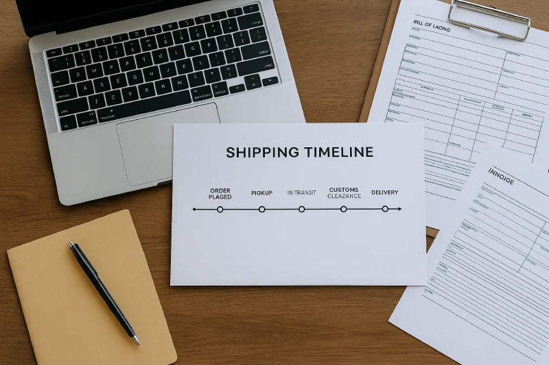 Top-down desk view with shipping timeline documents symbolizing FCL and DDP delivery steps