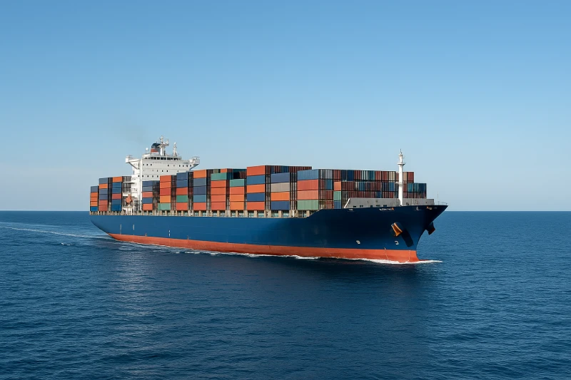 Wide photo of a large container ship sailing on a calm blue sea under bright daylight with a clean horizon and simple professional composition.